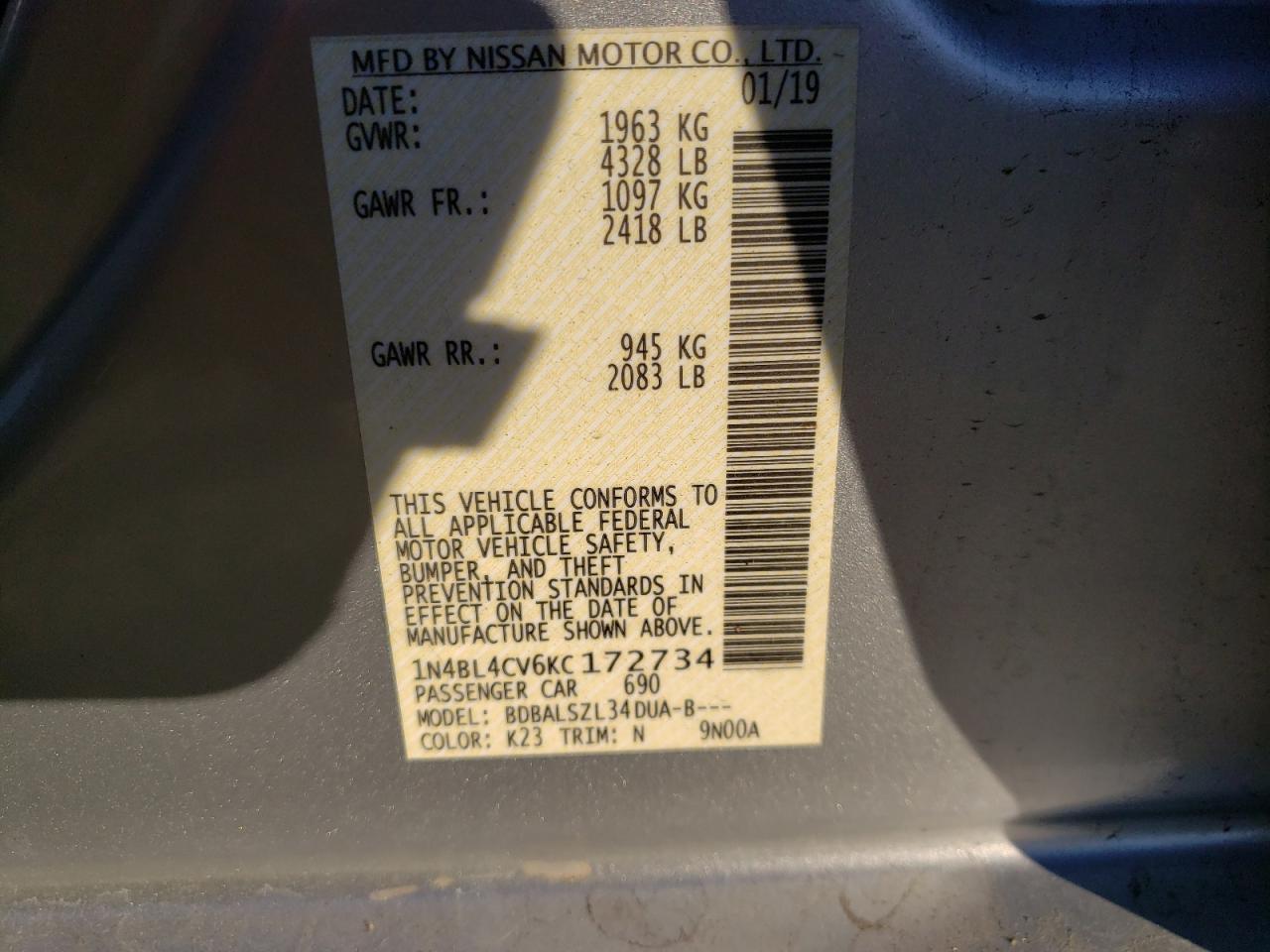 Photo 10 from auction – 2019 NISSAN ALTIMA SR with VIN 1N4BL4CV6KC172734