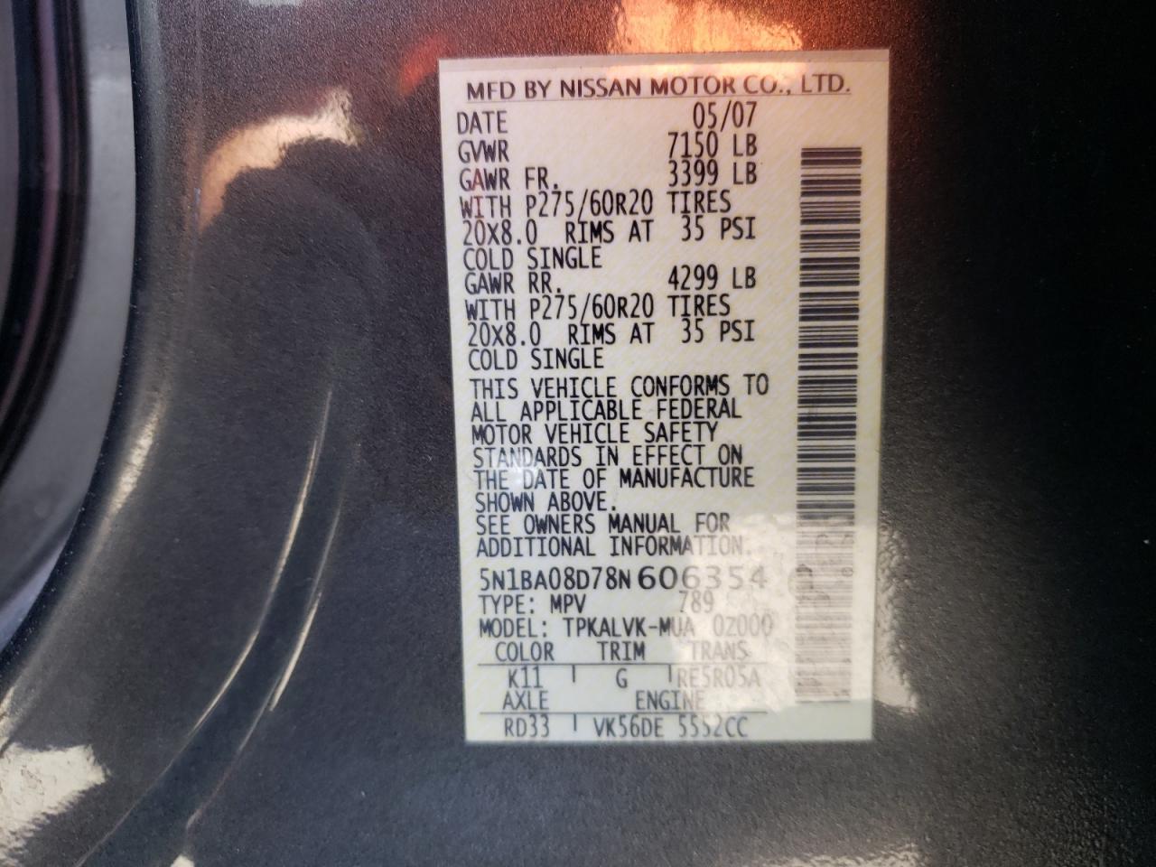 Photo 10 from auction – 2008 NISSAN ARMADA with VIN 5N1BA08D78N606354