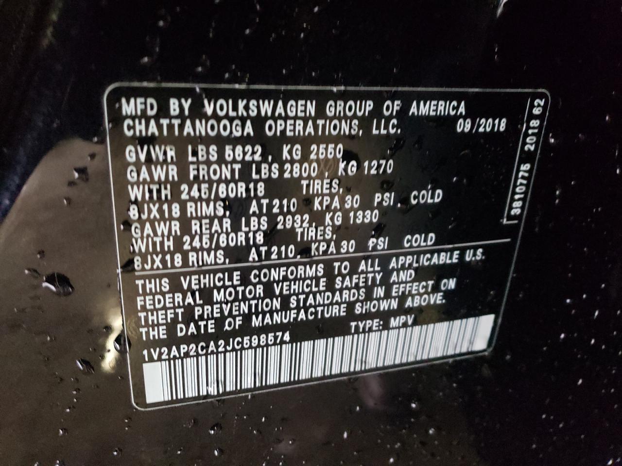 Photo 10 from auction – 2018 VOLKSWAGEN ATLAS S with VIN 1V2AP2CA2JC598574