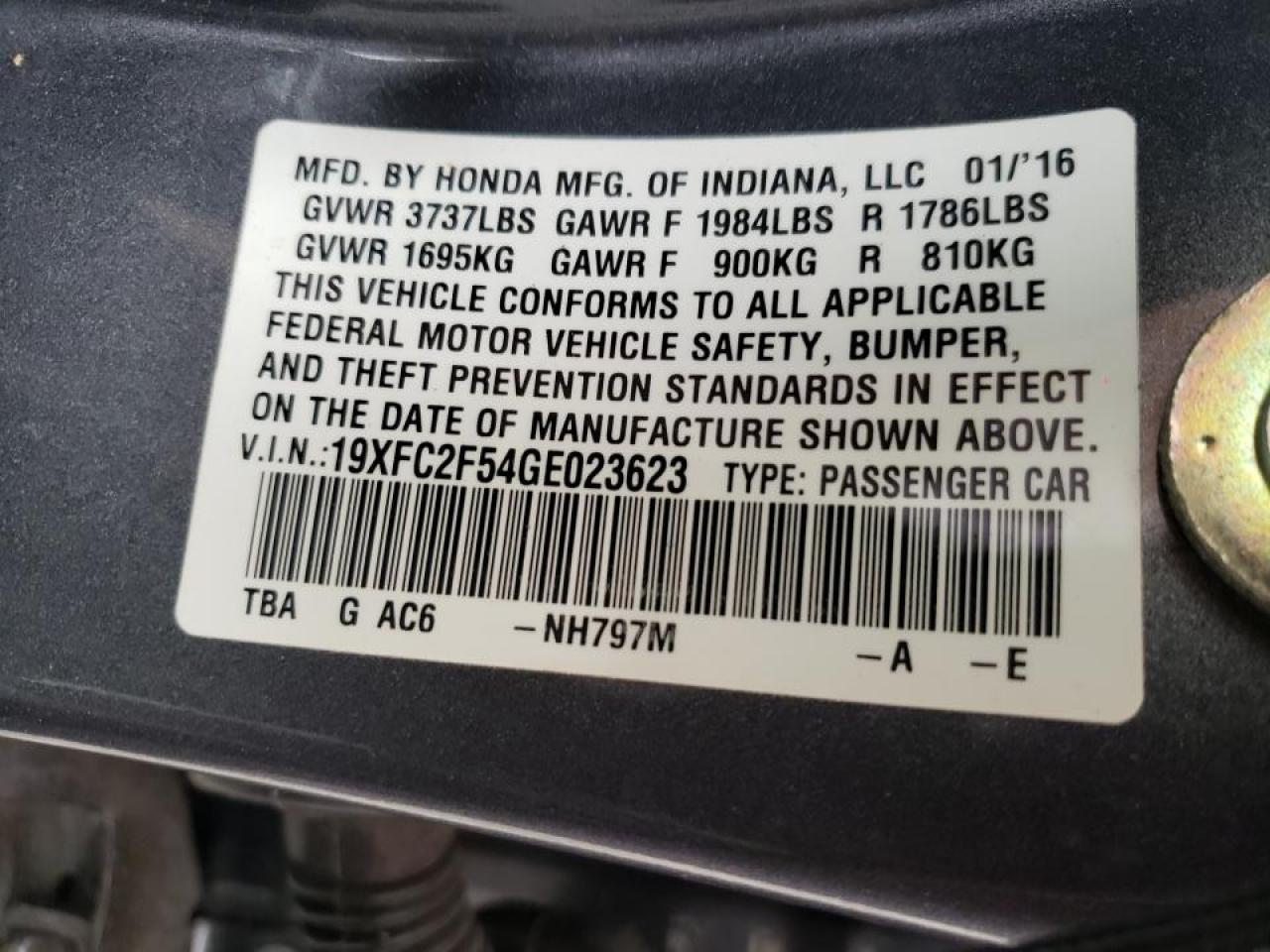 Photo 10 from auction – 2016 HONDA CIVIC LX with VIN 19XFC2F54GE023623