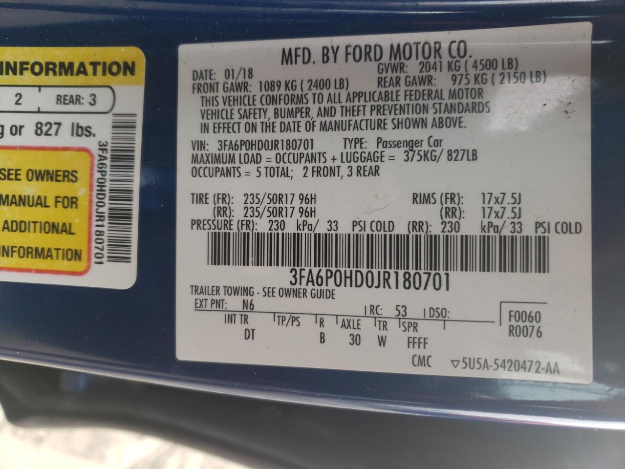 Photo 10 from auction – 2018 FORD FUSION SE with VIN 3FA6P0HD0JR180701