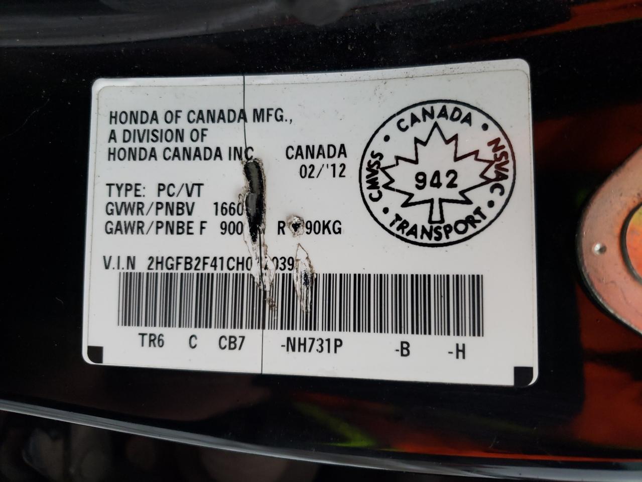 Photo 10 from auction – 2012 HONDA CIVIC LX with VIN 2HGFB2F41CH027039