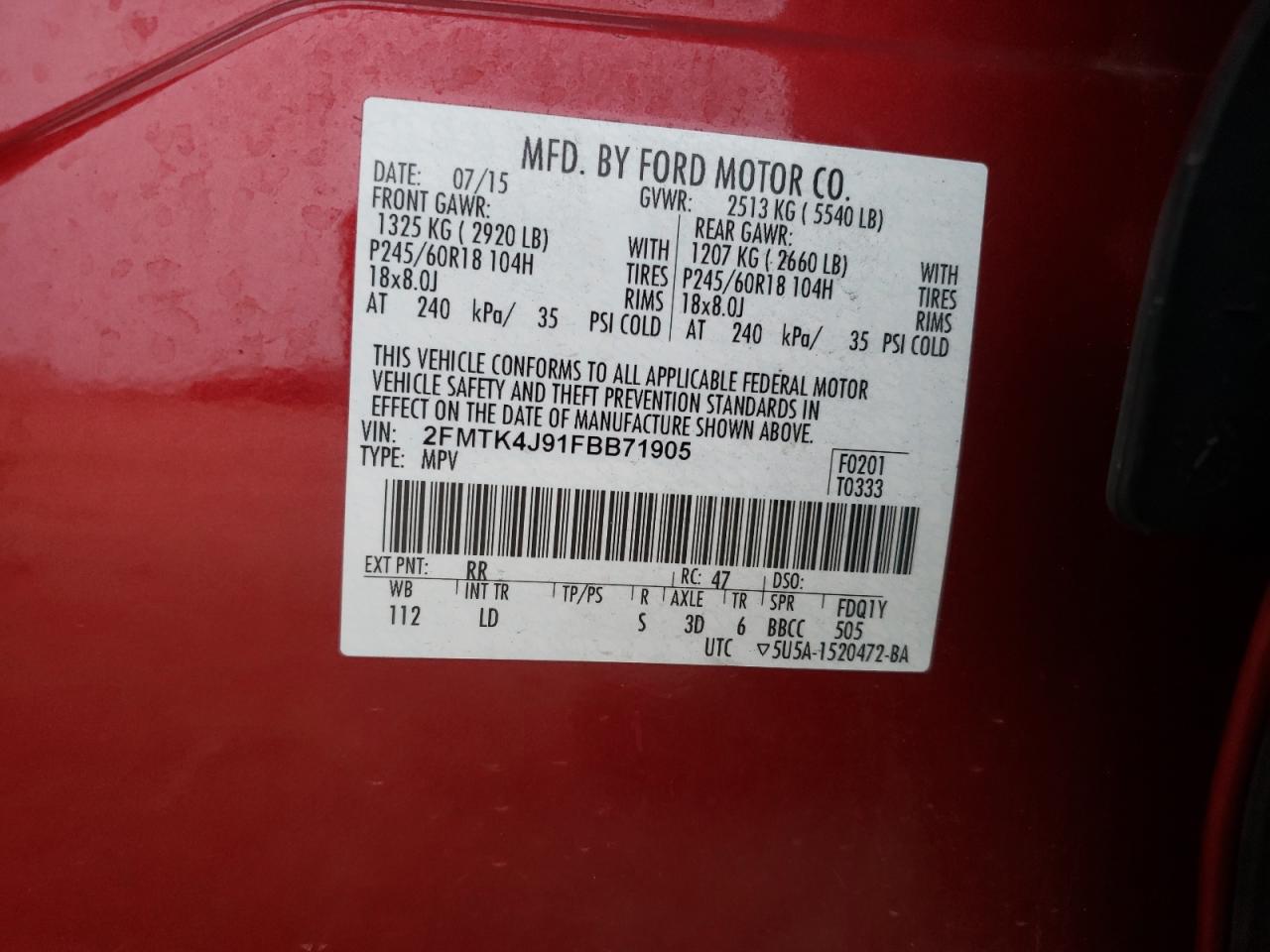 Photo 10 from auction – 2015 FORD EDGE SEL with VIN 2FMTK4J91FBB71905