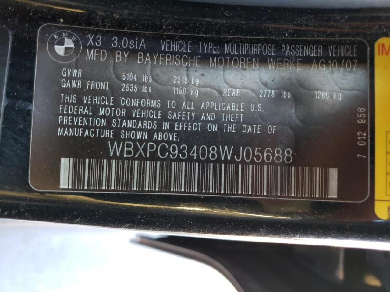 Photo 10 from auction – 2008 BMW X3 3.0SI with VIN WBXPC93408WJ05688