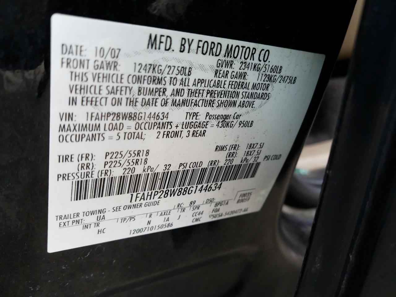Photo 10 from auction – 2008 FORD TAURUS LIM with VIN 1FAHP28W88G144634