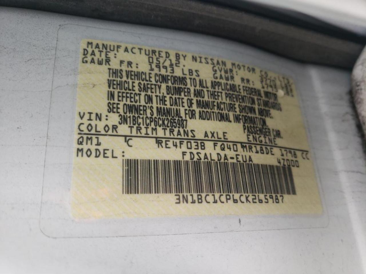 Photo 10 from auction – 2012 NISSAN VERSA S with VIN 3N1BC1CP6CK265987