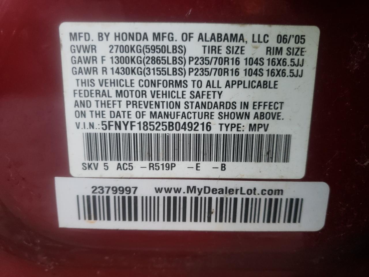 Photo 10 from auction – 2005 HONDA PILOT EXL with VIN 5FNYF18525B049216