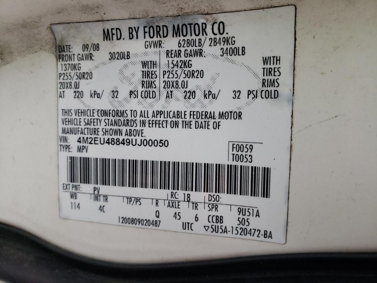 Photo 10 from auction – 2009 MERCURY MOUNTAINEE with VIN 4M2EU48849UJ00050
