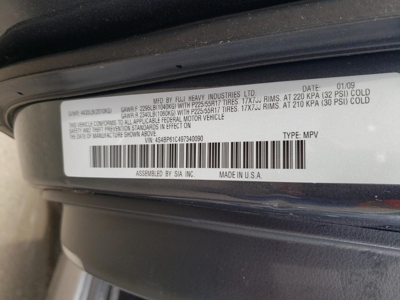 Photo 10 from auction – 2009 SUBARU OUTBACK 2. with VIN 4S4BP61C497340090