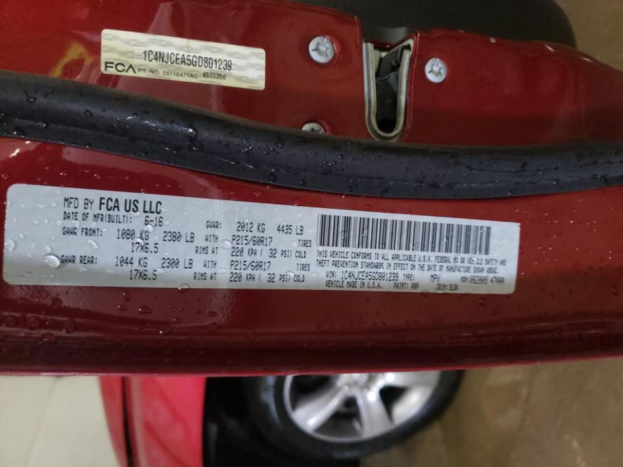 Photo 10 from auction – 2016 JEEP COMPASS LA with VIN 1C4NJCEA5GD801239