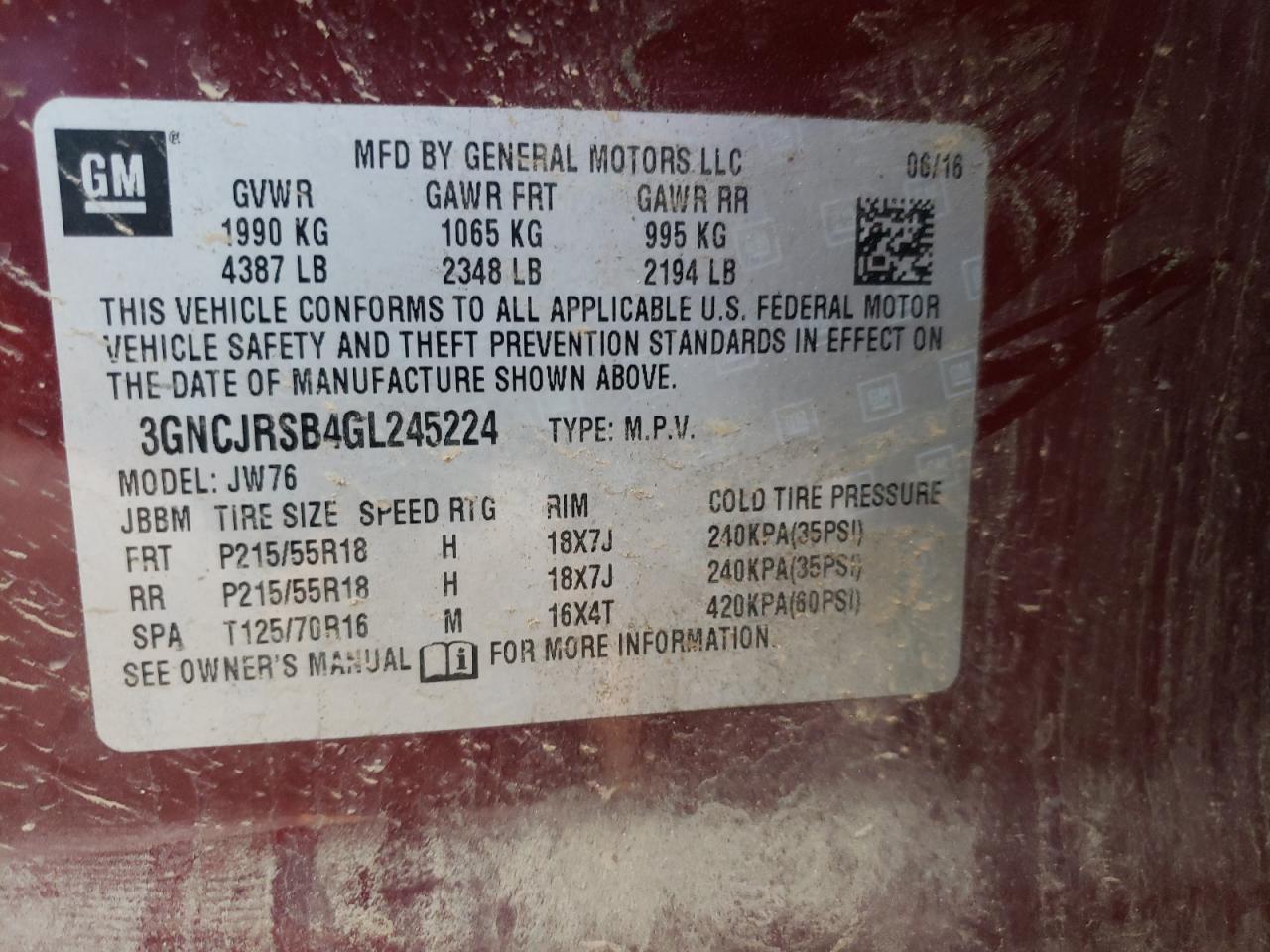 Photo 10 from auction – 2016 CHEVROLET TRAX LTZ with VIN 3GNCJRSB4GL245224