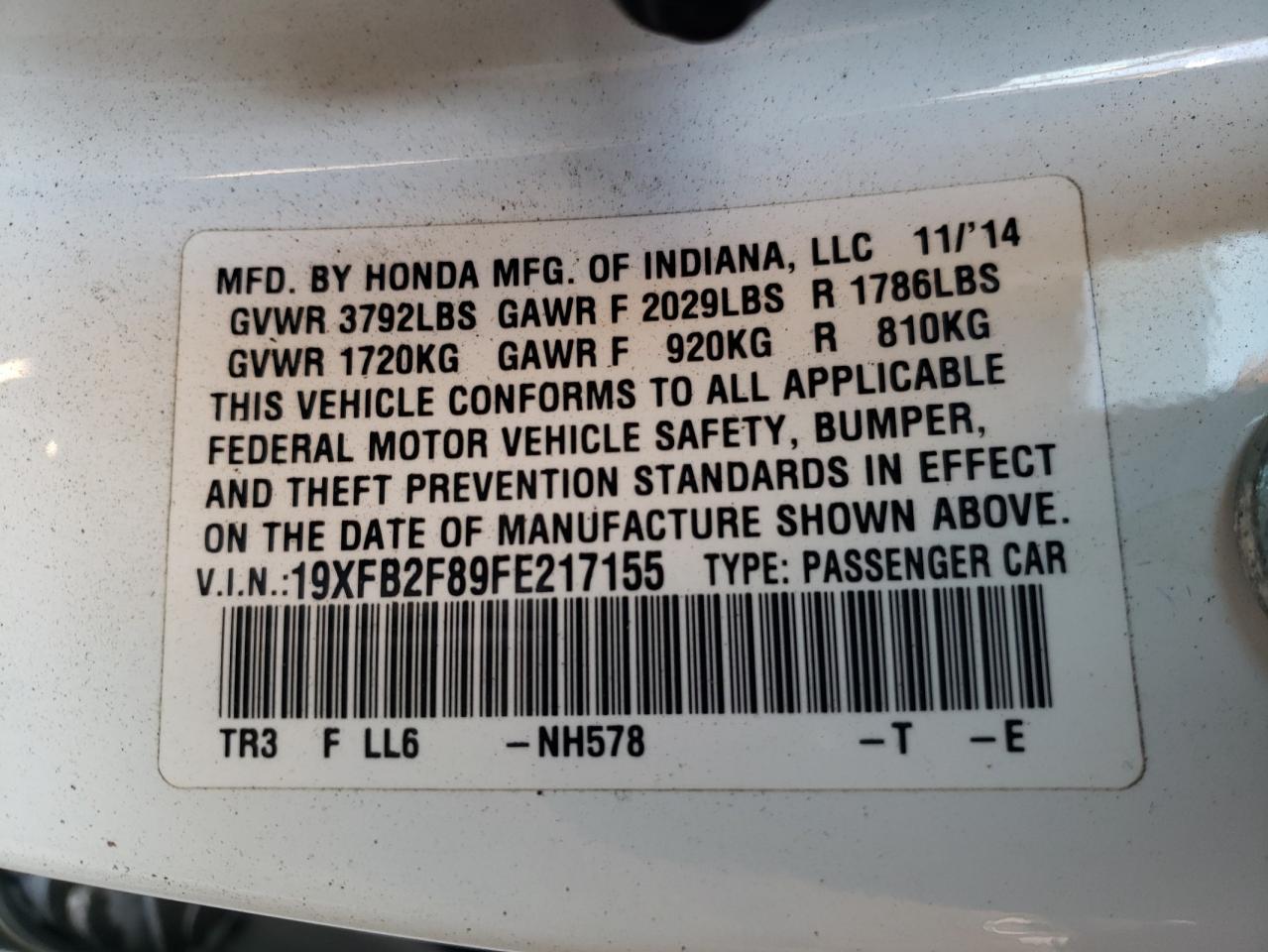 Photo 10 from auction – 2015 HONDA CIVIC EX with VIN 19XFB2F89FE217155
