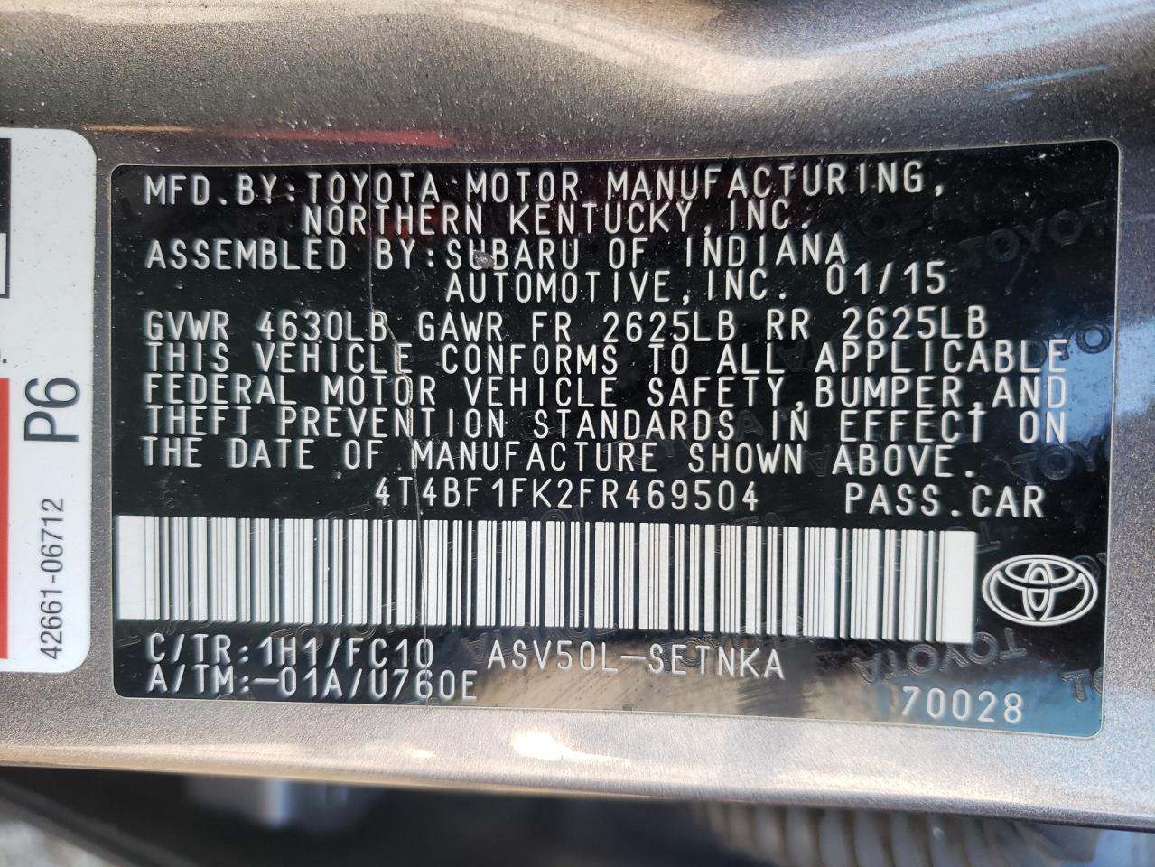Photo 10 from auction – 2015 TOYOTA CAMRY LE with VIN 4T4BF1FK2FR469504