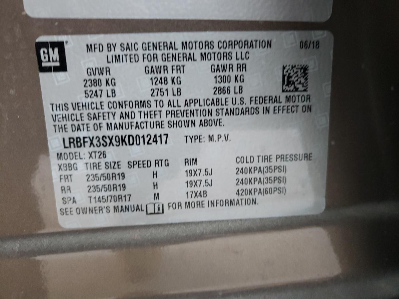 Photo 10 from auction – 2019 BUICK ENVISION P with VIN LRBFX3SX9KD012417