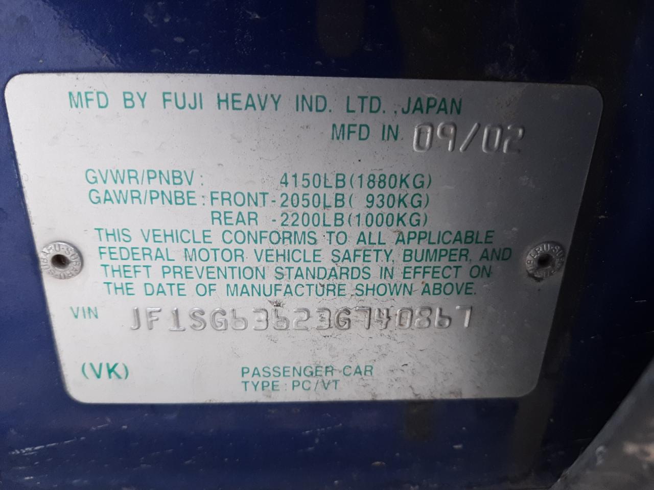 Photo 10 from auction – 2003 SUBARU FORESTER 2 with VIN JF1SG63623G740867