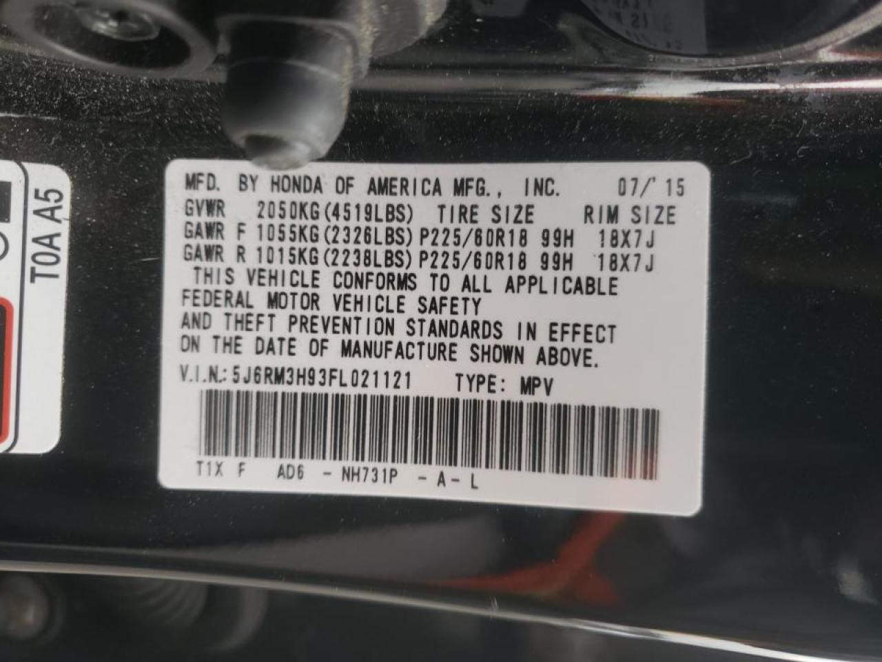 Photo 10 from auction – 2015 HONDA CR-V TOURI with VIN 5J6RM3H93FL021121