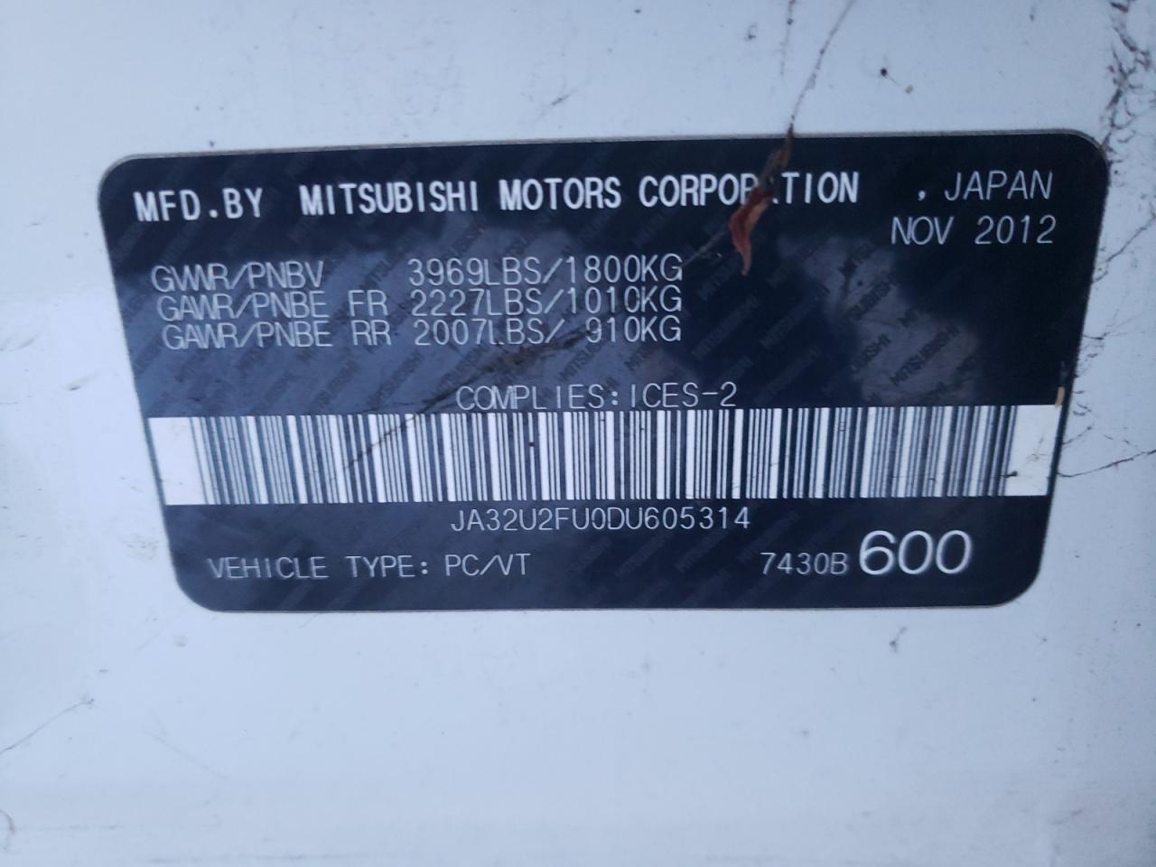 Photo 10 from auction – 2013 MITSUBISHI LANCER ES/ with VIN JA32U2FU0DU605314