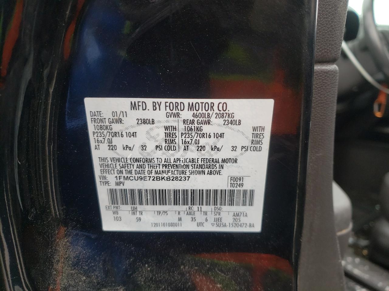 Photo 10 from auction – 2011 FORD ESCAPE LIM with VIN 1FMCU9E72BKB28237
