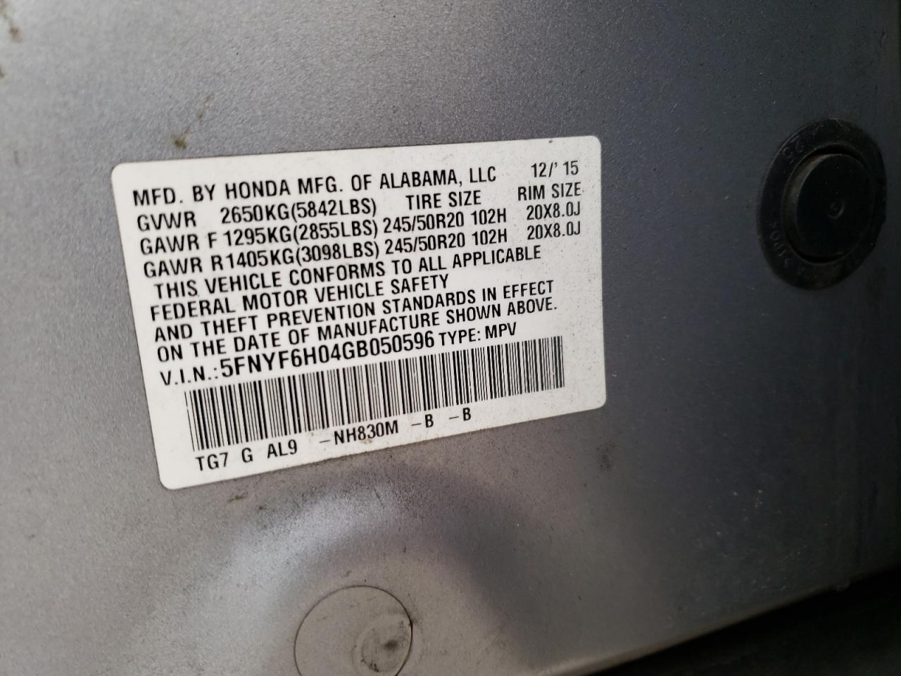Photo 10 from auction – 2016 HONDA PILOT ELIT with VIN 5FNYF6H04GB050596