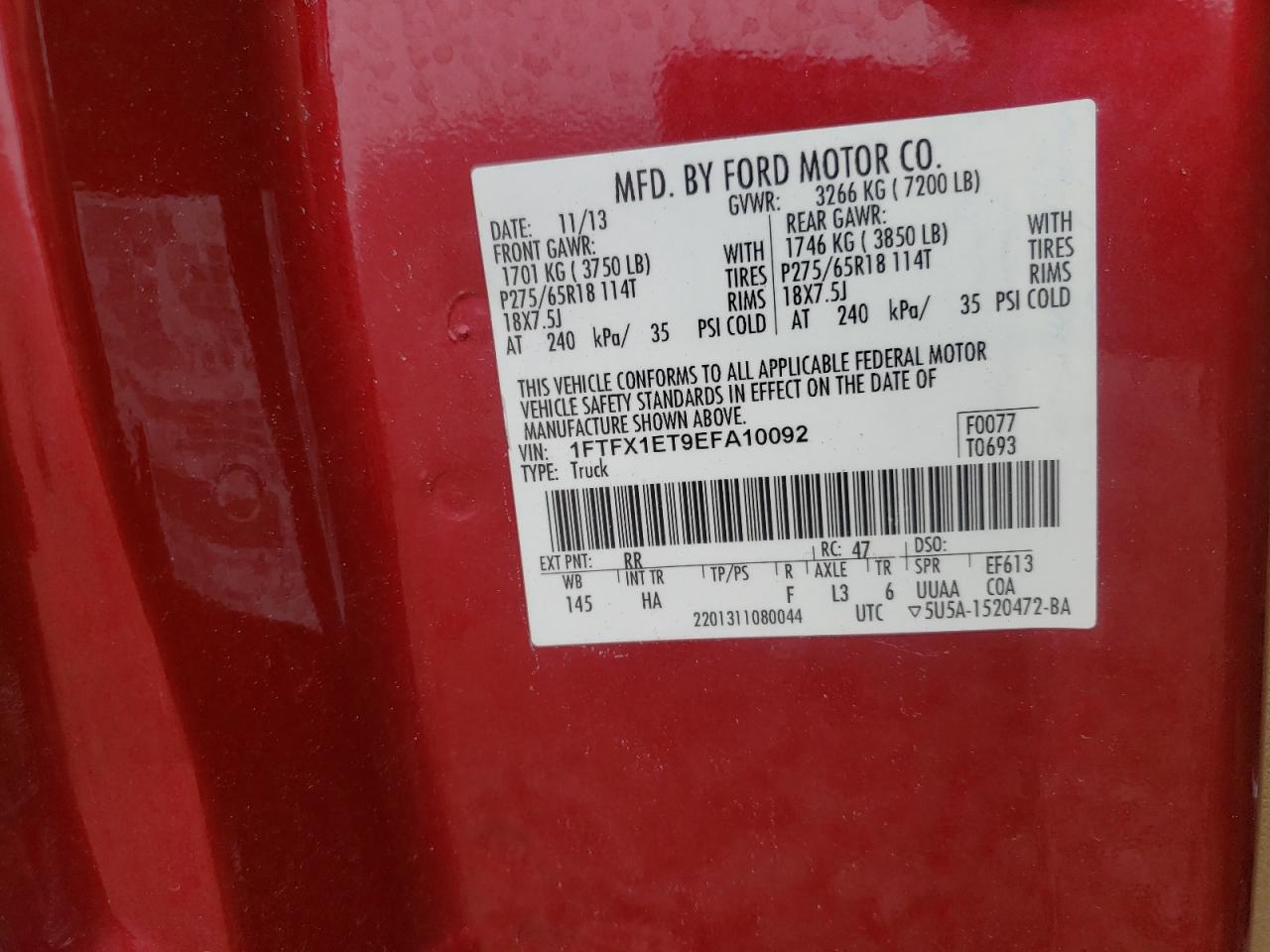 Photo 10 from auction – 2014 FORD F150 SUPER with VIN 1FTFX1ET9EFA10092