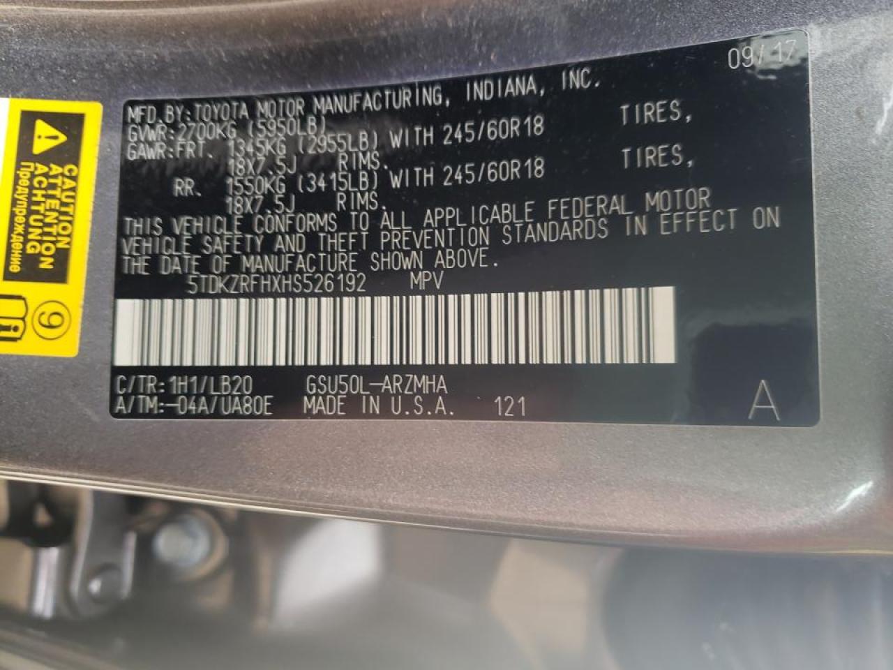 Photo 10 from auction – 2017 TOYOTA HIGHLANDER with VIN 5TDKZRFHXHS526192