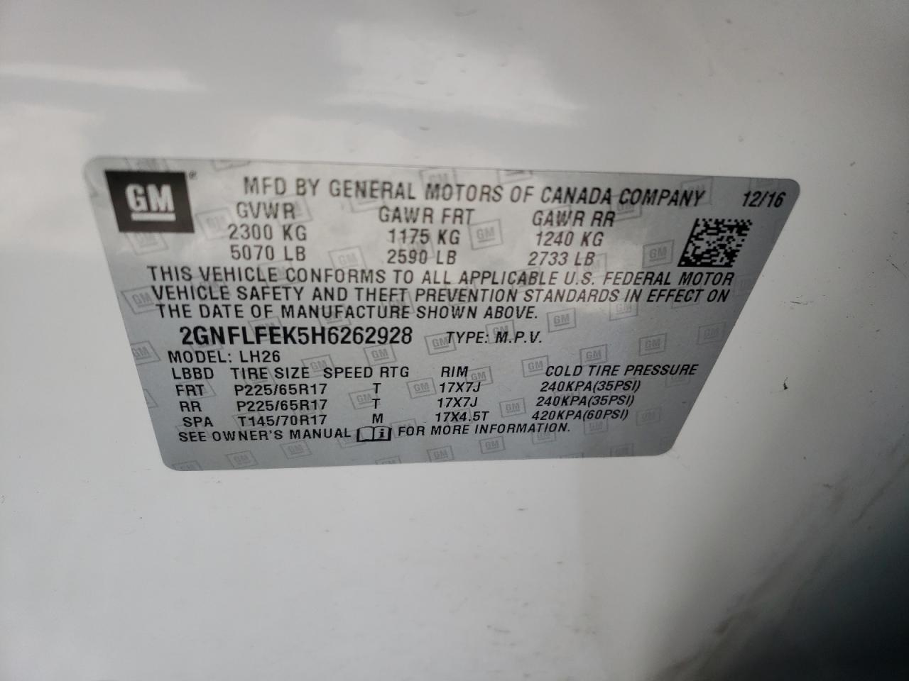 Photo 10 from auction – 2017 CHEVROLET EQUINOX LT with VIN 2GNFLFEK5H6262928