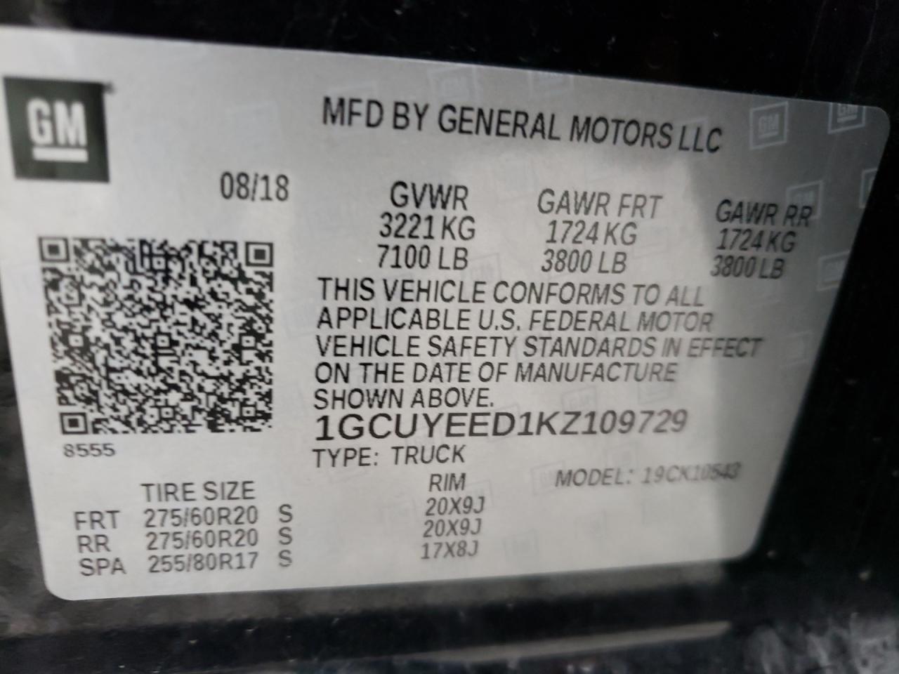 Photo 10 from auction – 2019 CHEVROLET SILVERADO with VIN 1GCUYEED1KZ109729