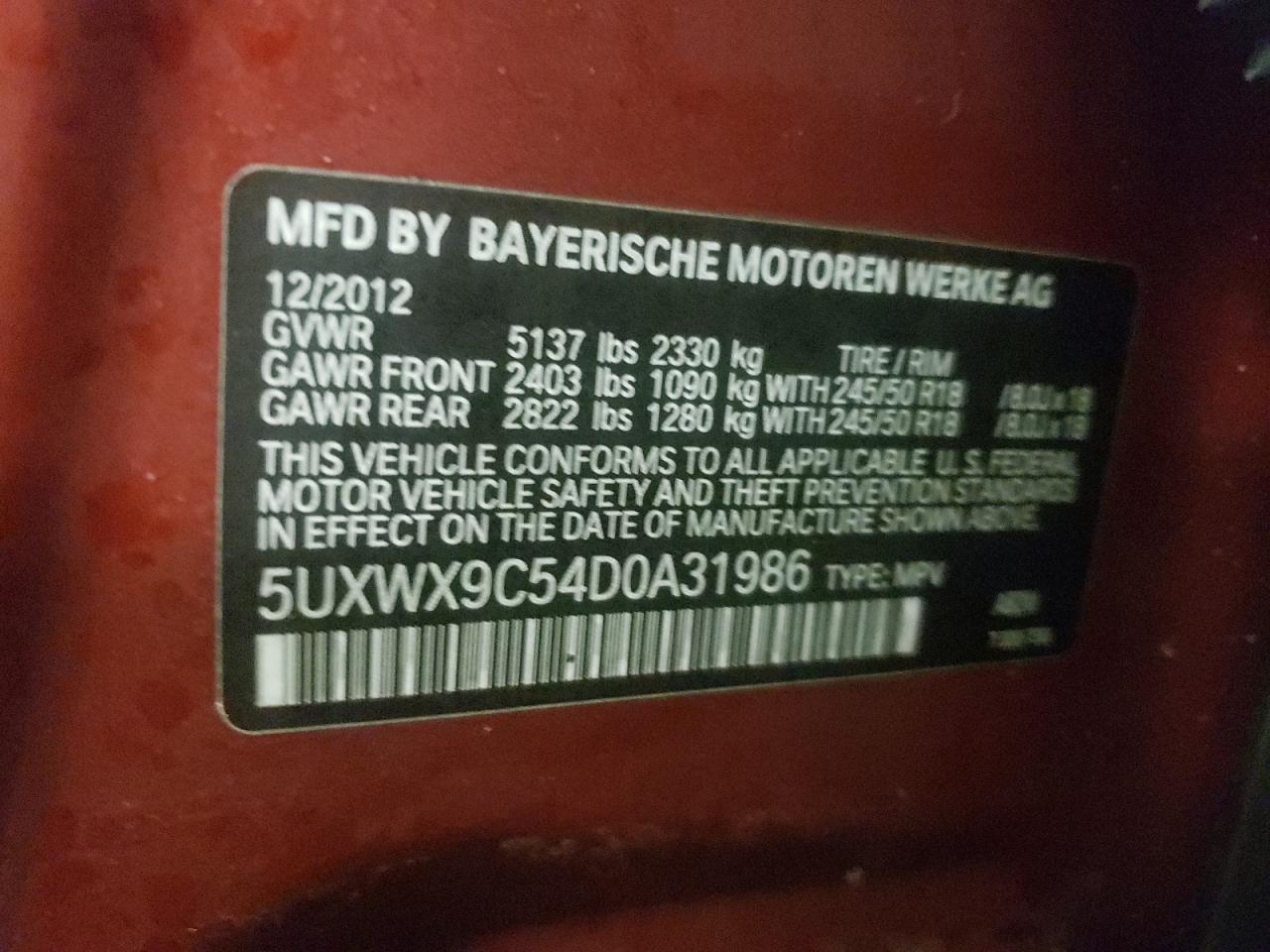 Photo 10 from auction – 2013 BMW X3 XDRIVE2 with VIN 5UXWX9C54D0A31986