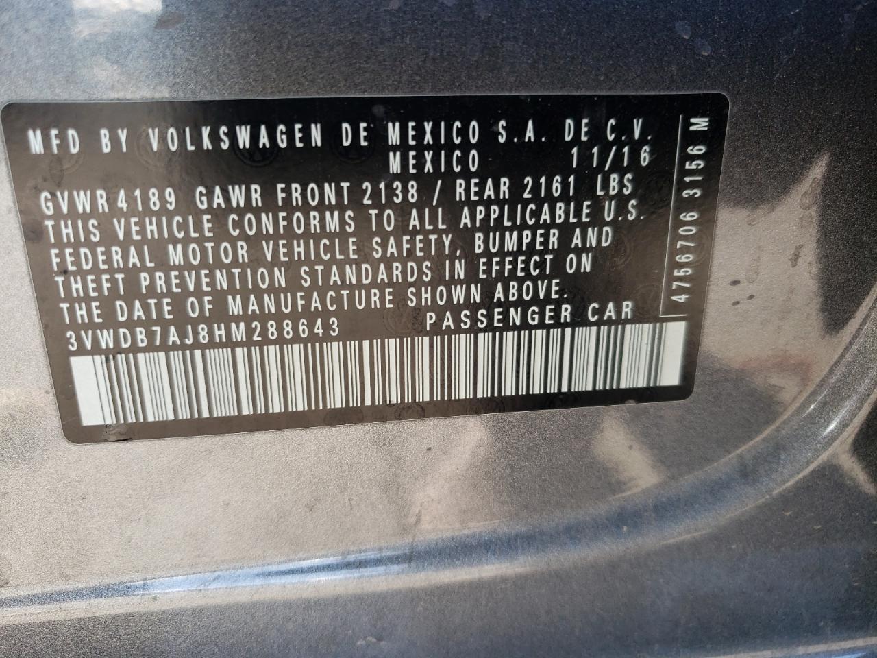 Photo 10 from auction – 2017 VOLKSWAGEN JETTA SE with VIN 3VWDB7AJ8HM288643