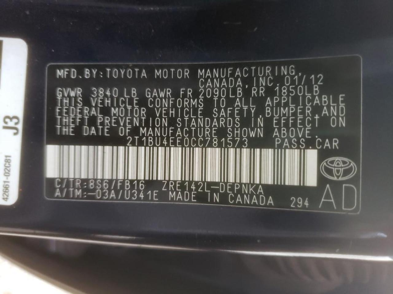 Photo 10 from auction – 2012 TOYOTA COROLLA BA with VIN 2T1BU4EE0CC781573