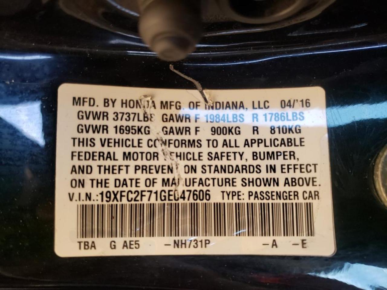Photo 10 from auction – 2016 HONDA CIVIC EX with VIN 19XFC2F71GE047606
