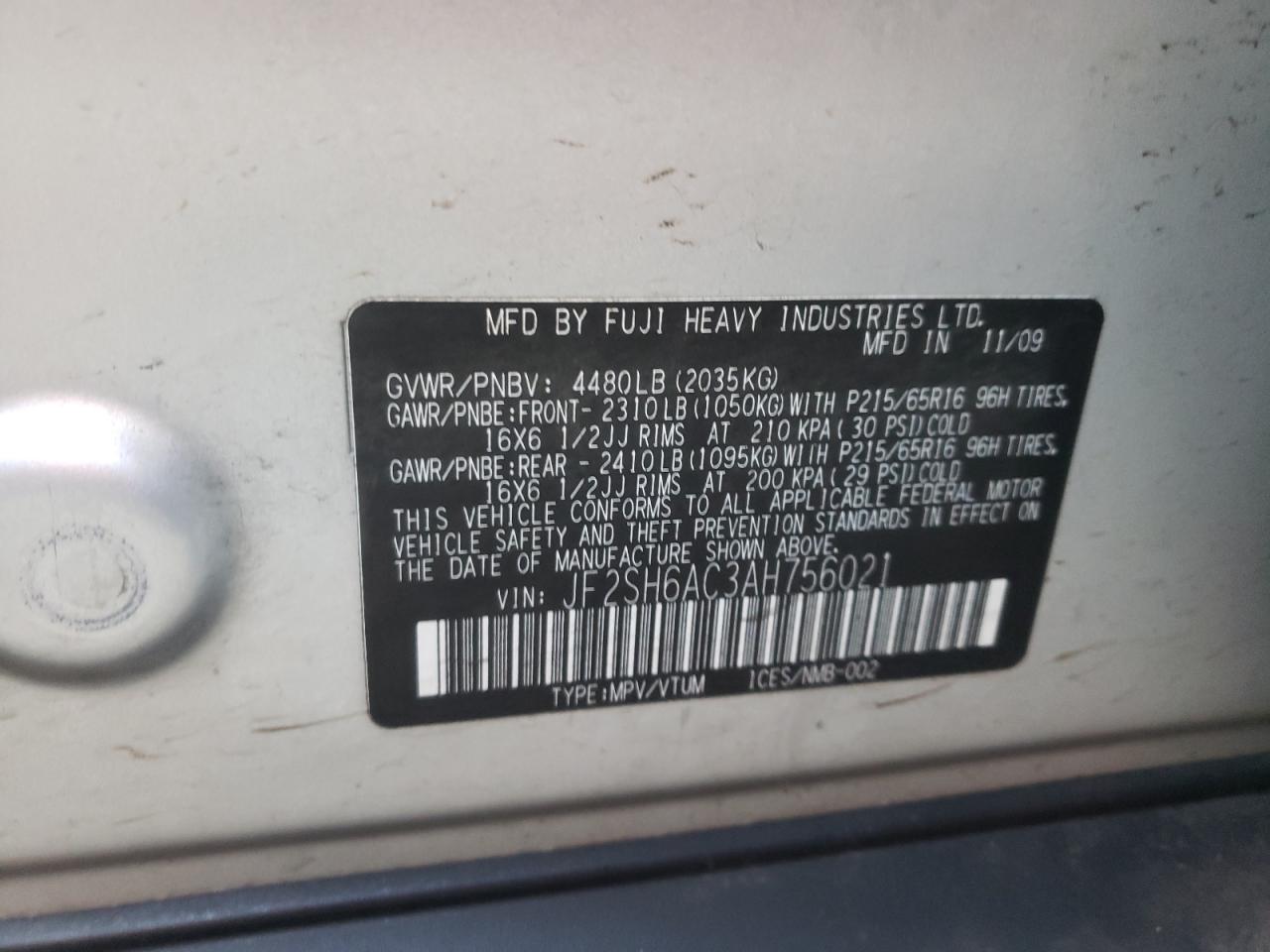 Photo 10 from auction – 2010 SUBARU FORESTER 2 with VIN JF2SH6AC3AH756021