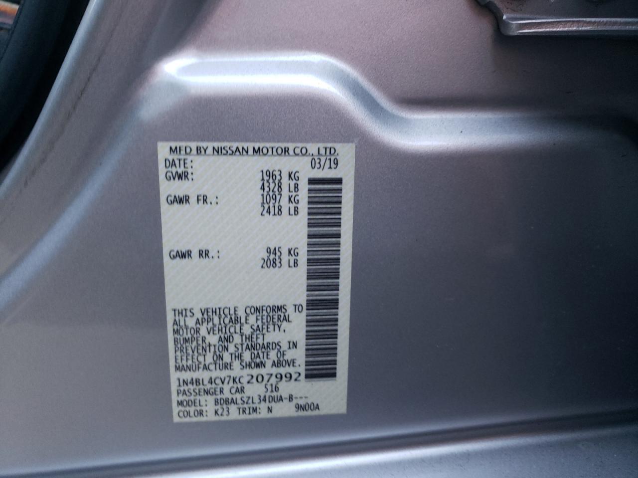 Photo 10 from auction – 2019 NISSAN ALTIMA SR with VIN 1N4BL4CV7KC207992