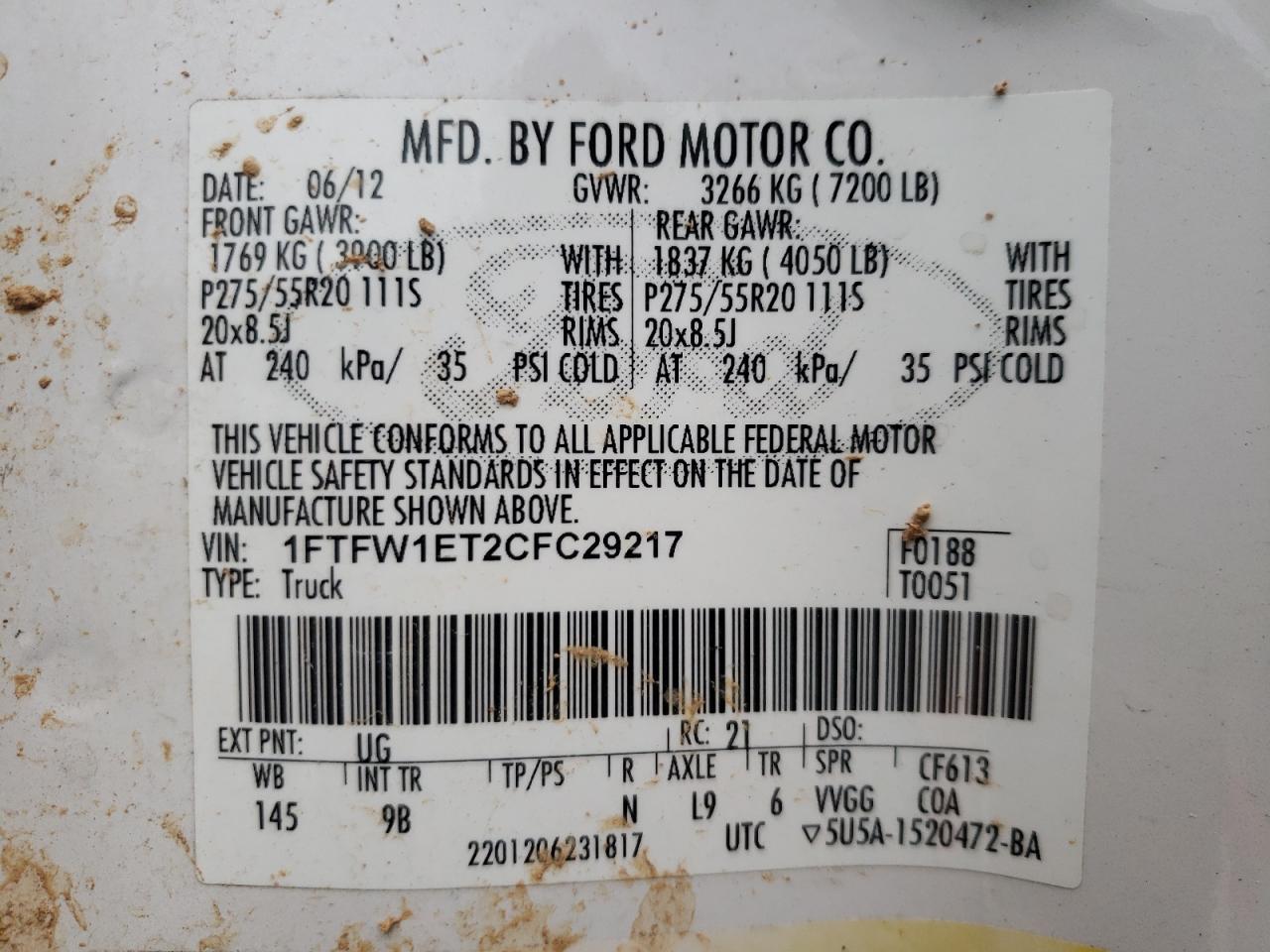 Photo 10 from auction – 2012 FORD F150 SUPER with VIN 1FTFW1ET2CFC29217