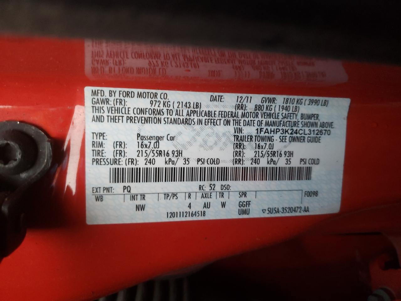 Photo 10 from auction – 2012 FORD FOCUS SE with VIN 1FAHP3K24CL312670