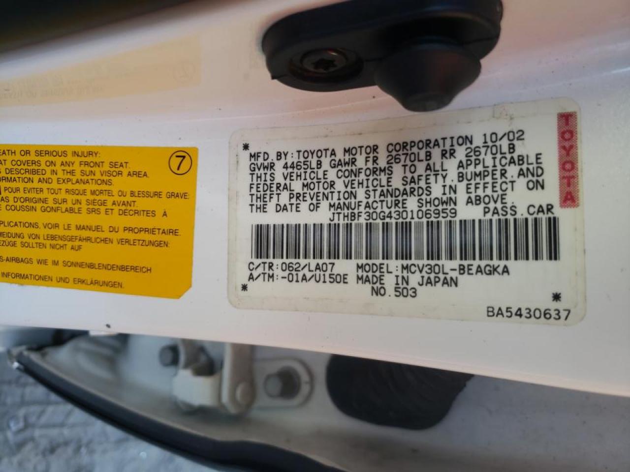 Photo 10 from auction – 2003 LEXUS ES 300 with VIN JTHBF30G430106959
