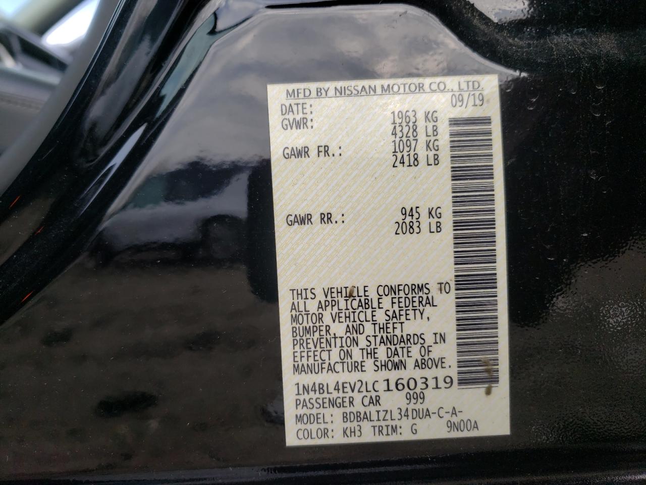 Photo 10 from auction – 2020 NISSAN ALTIMA SL with VIN 1N4BL4EV2LC160319