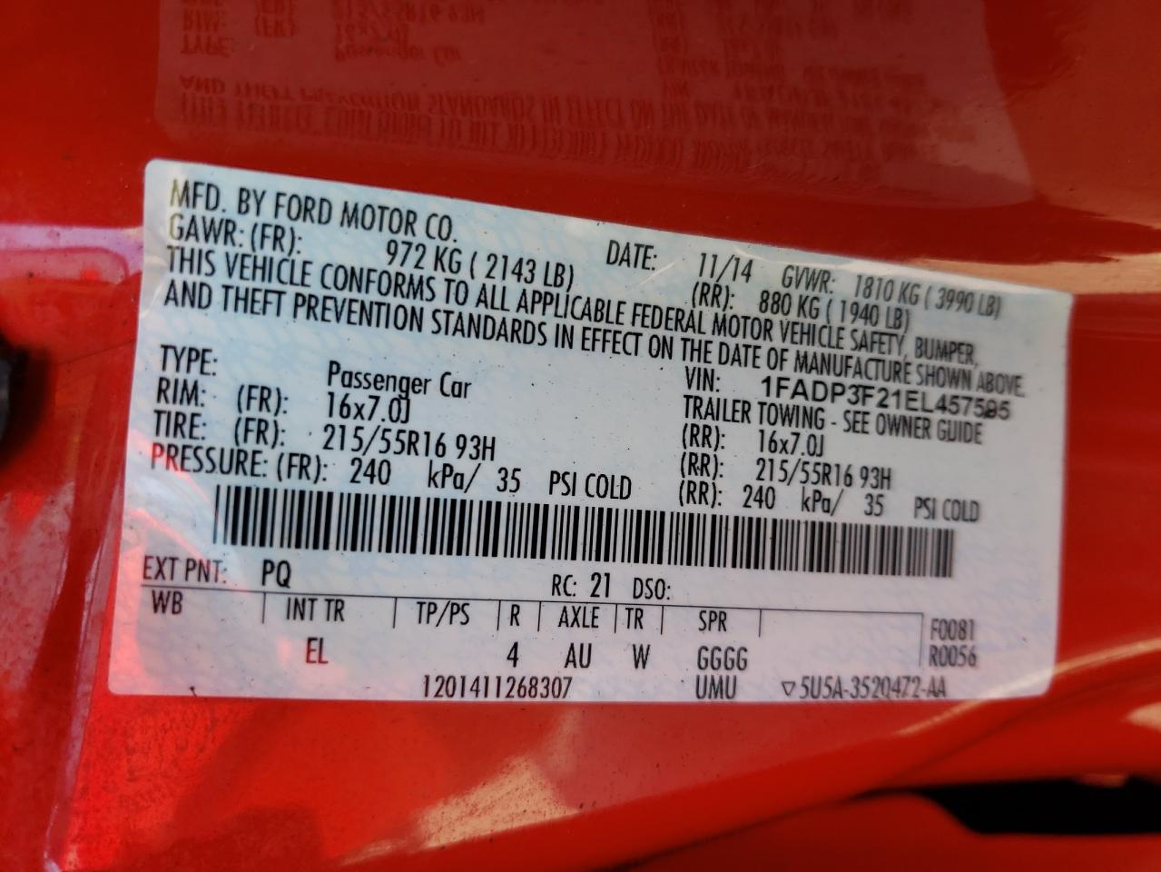 Photo 10 from auction – 2014 FORD FOCUS SE with VIN 1FADP3F21EL457595