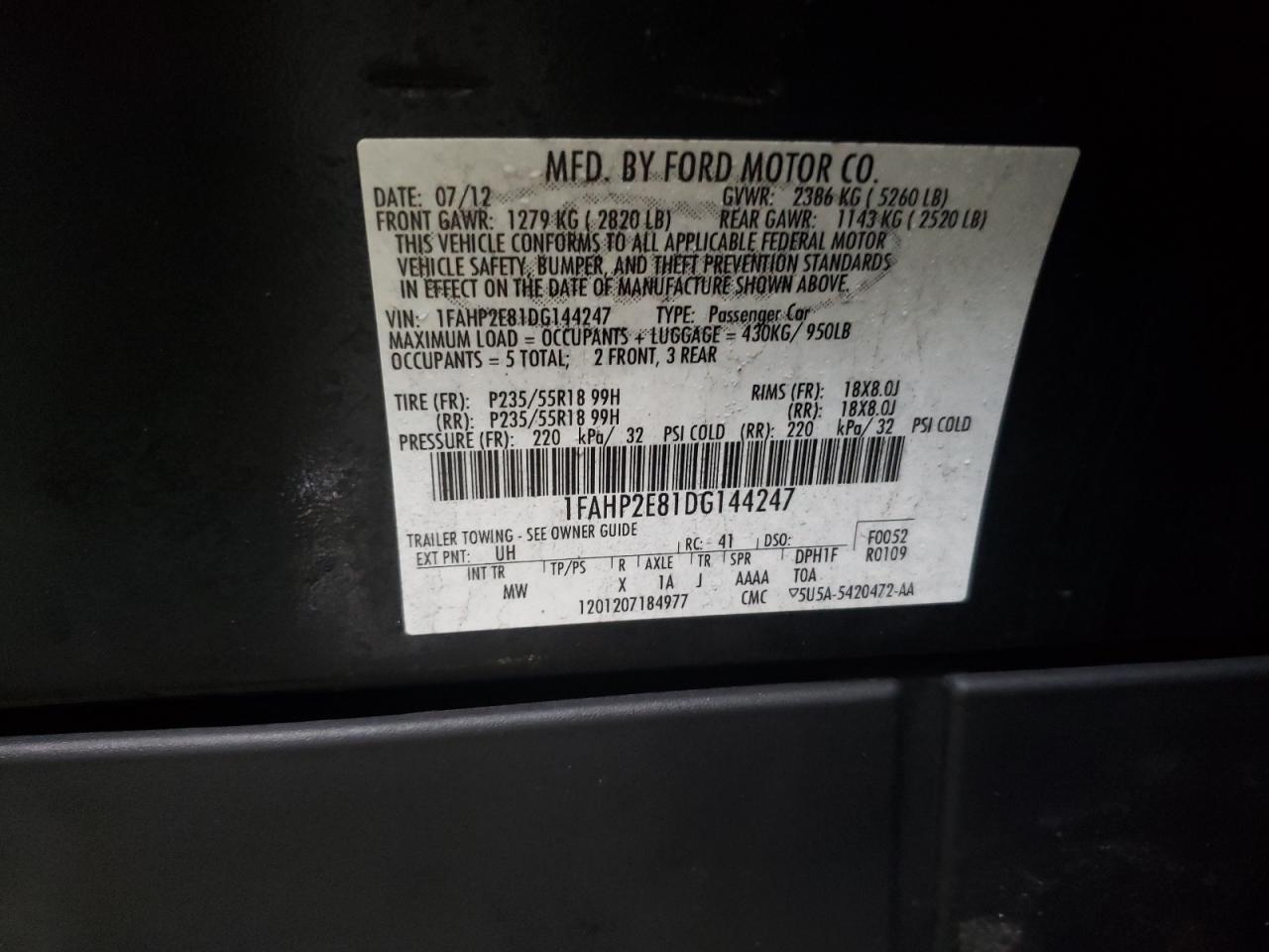 Photo 10 from auction – 2013 FORD TAURUS SEL with VIN 1FAHP2E81DG144247