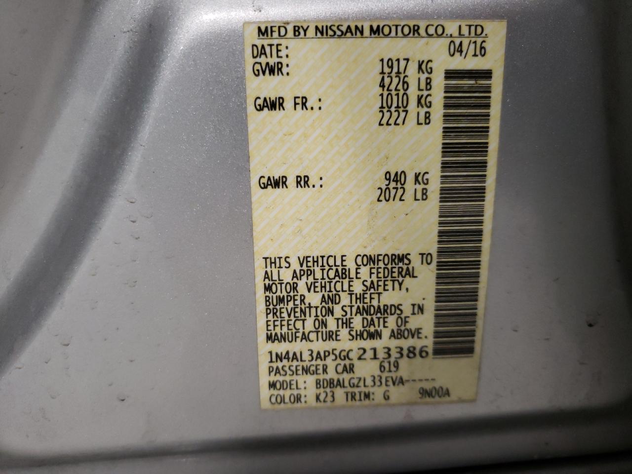 Photo 10 from auction – 2016 NISSAN ALTIMA 2.5 with VIN 1N4AL3AP5GC213386