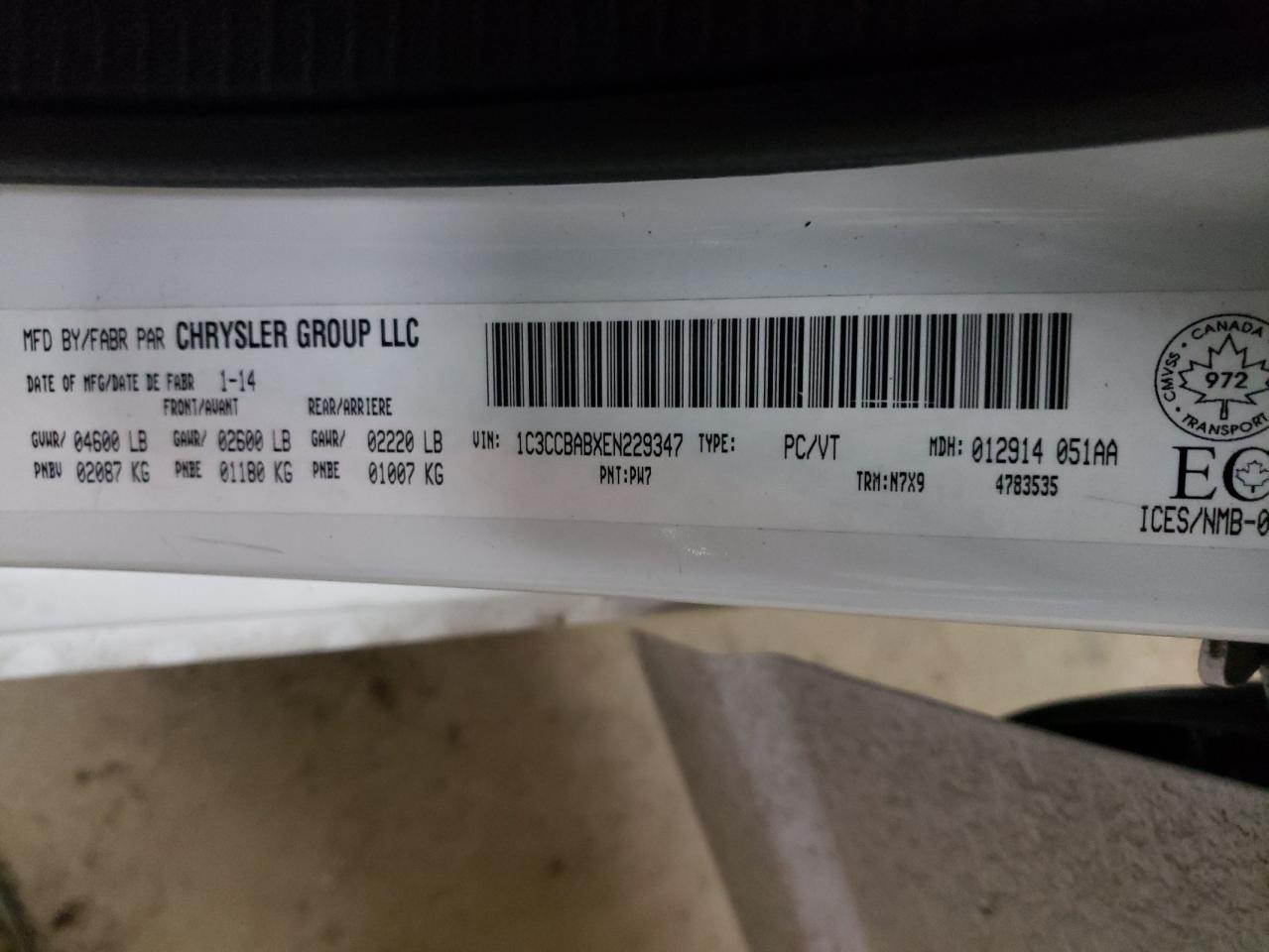 Photo 10 from auction – 2014 CHRYSLER 200 LX with VIN 1C3CCBABXEN229347