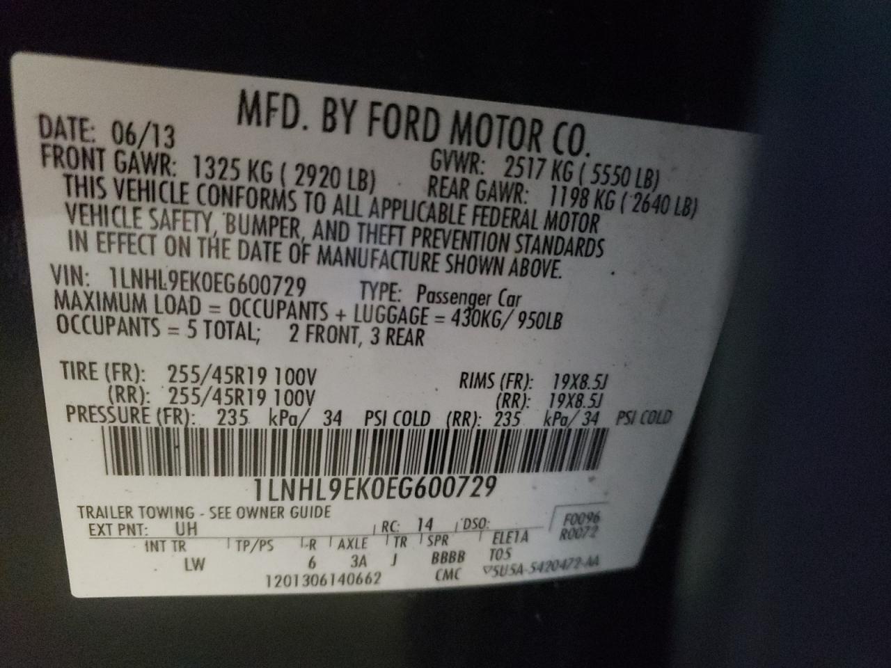 Photo 10 from auction – 2014 LINCOLN MKS with VIN 1LNHL9EK0EG600729