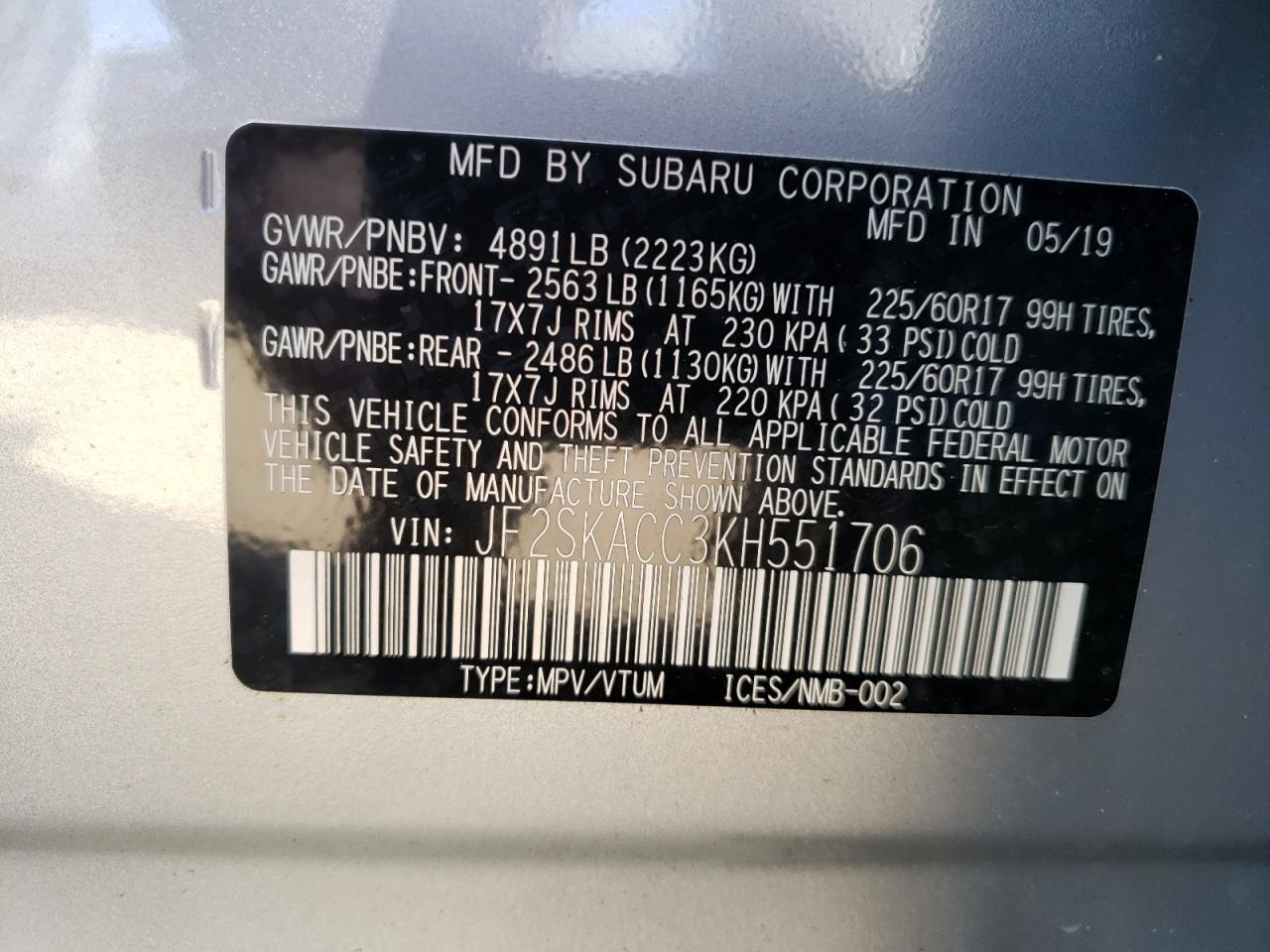 Photo 10 from auction – 2019 SUBARU FORESTER with VIN JF2SKACC3KH551706
