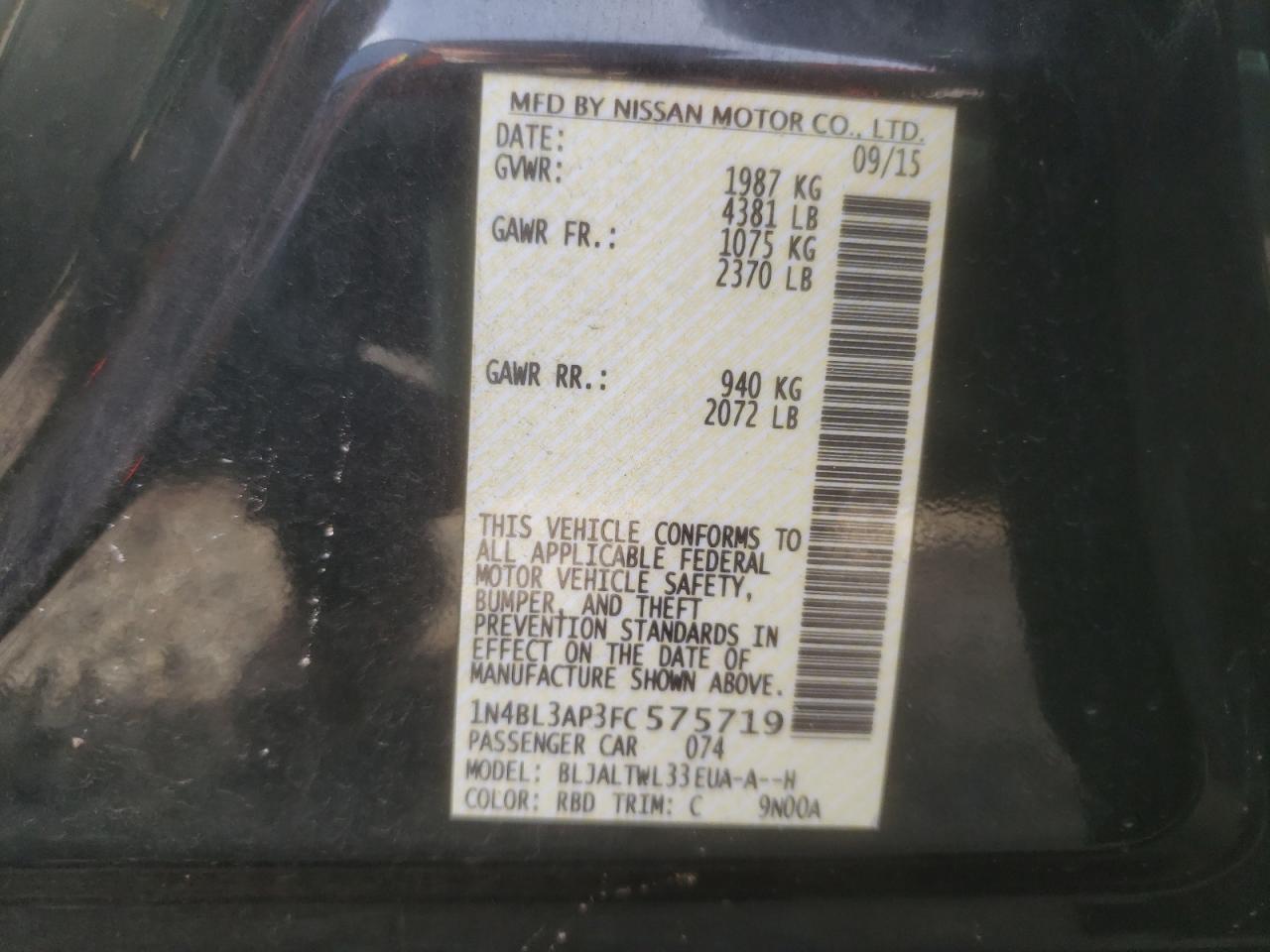 Photo 10 from auction – 2015 NISSAN ALTIMA 3.5 with VIN 1N4BL3AP3FC575719
