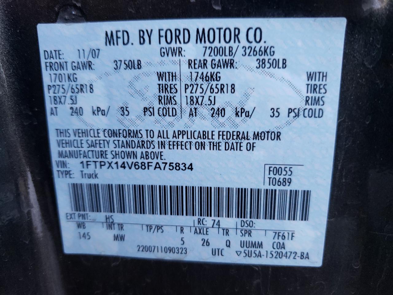 Photo 10 from auction – 2008 FORD F150 with VIN 1FTPX14V68FA75834