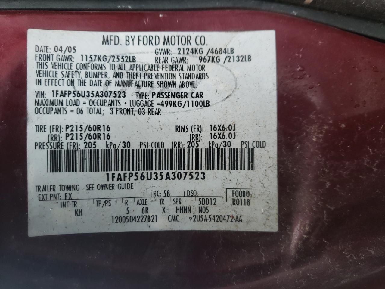 Photo 10 from auction – 2005 FORD TAURUS SEL with VIN 1FAFP56U35A307523