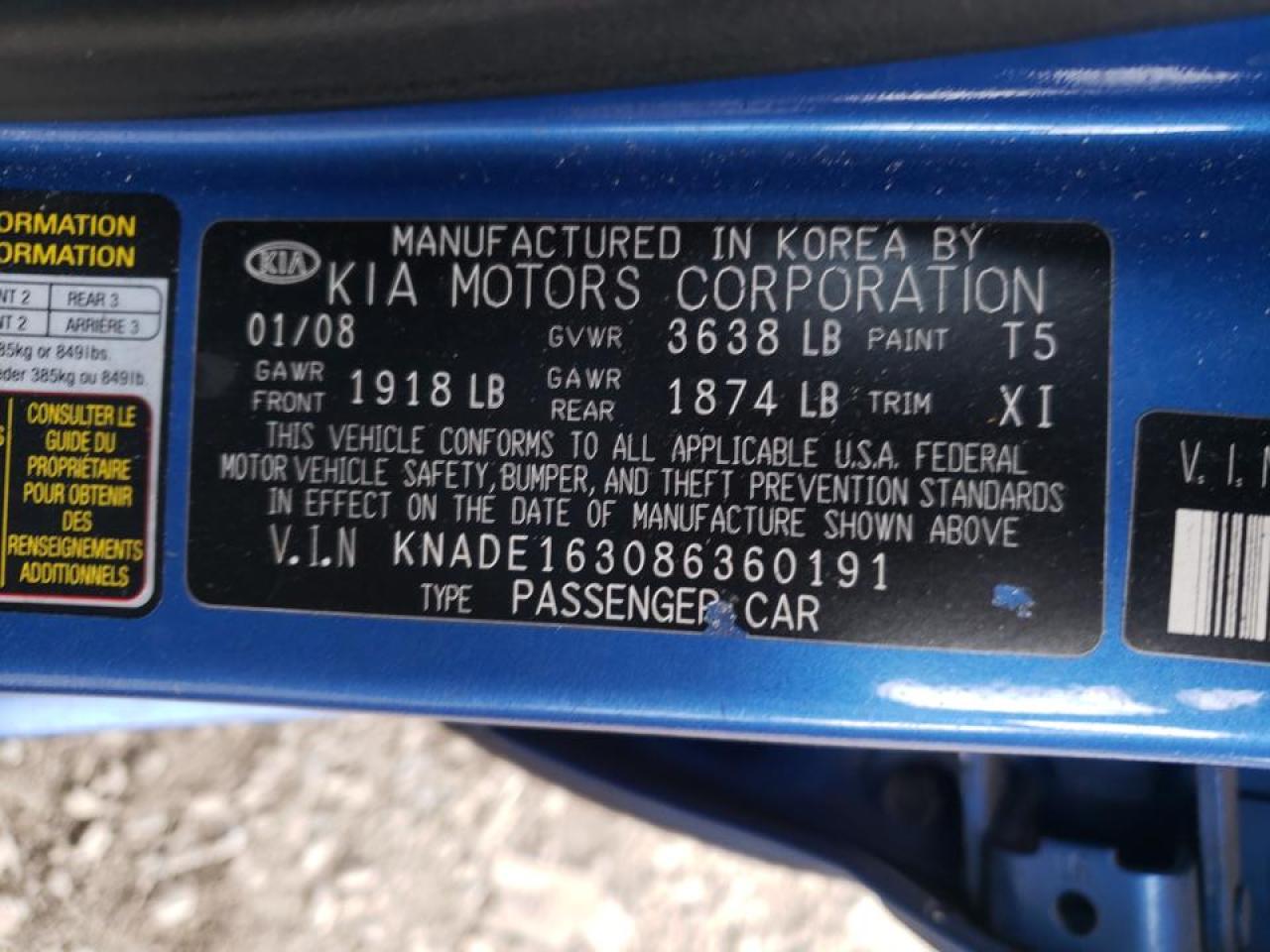Photo 10 from auction – 2008 KIA RIO 5 SX with VIN KNADE163086360191