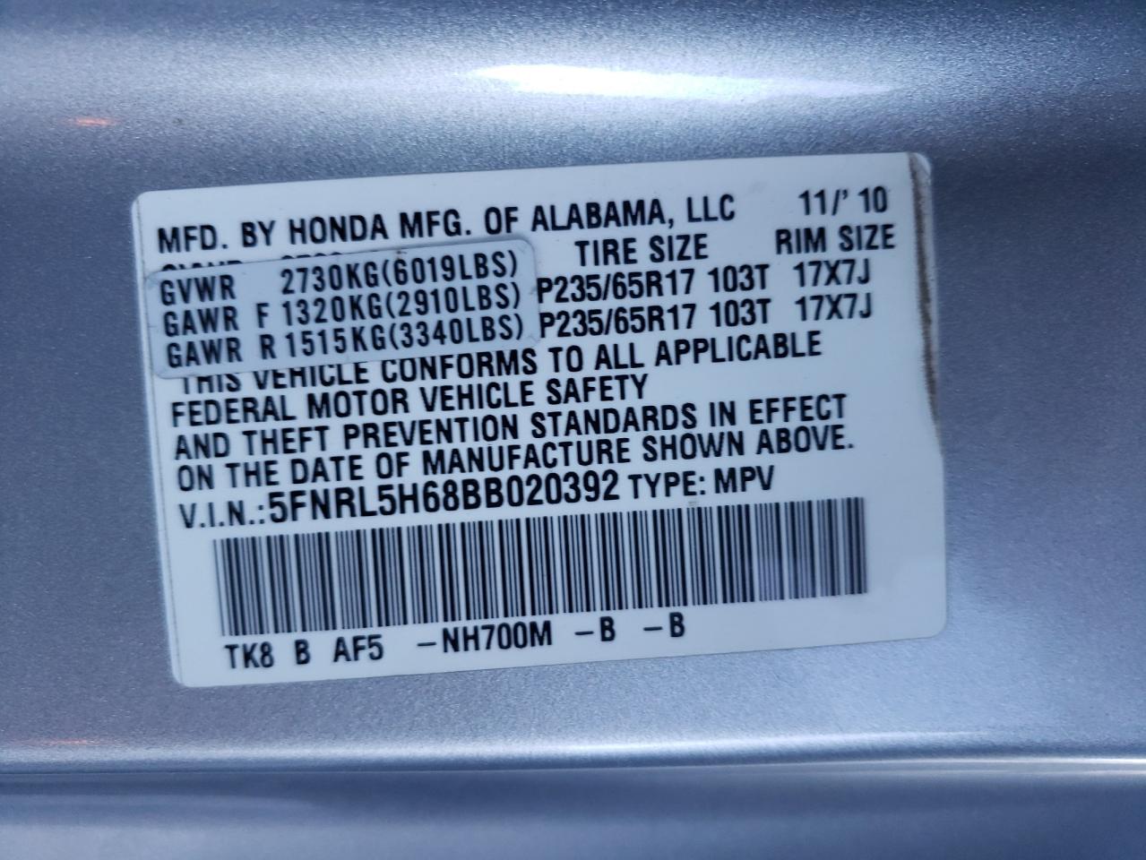 Photo 10 from auction – 2011 HONDA ODYSSEY EX with VIN 5FNRL5H68BB020392