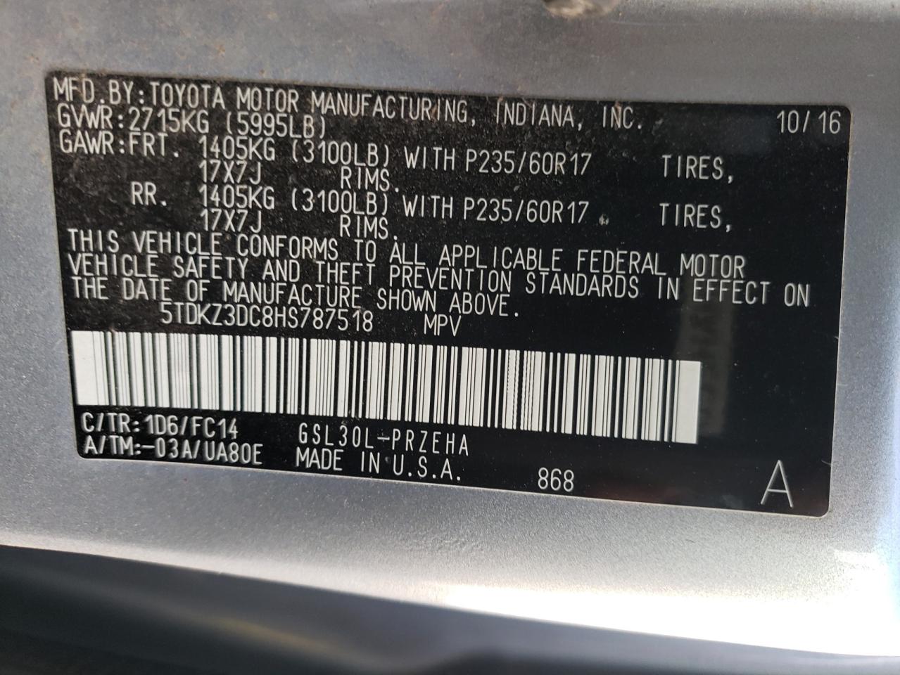 Photo 10 from auction – 2017 TOYOTA SIENNA LE with VIN 5TDKZ3DC8HS787518