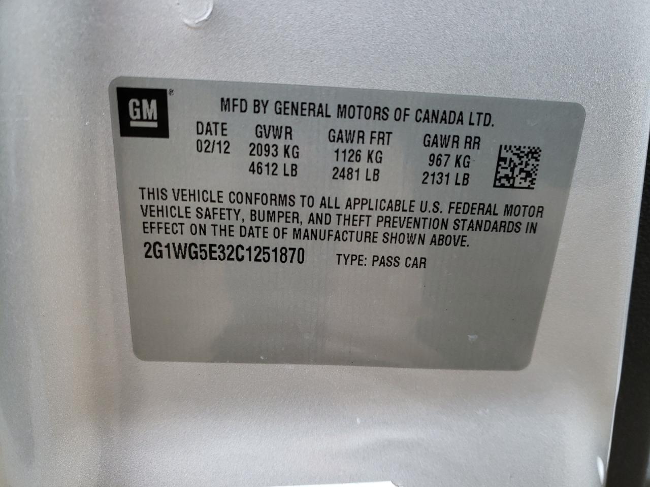 Photo 10 from auction – 2012 CHEVROLET IMPALA LT with VIN 2G1WG5E32C1251870